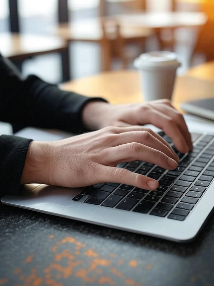 Close-up of hands typing on laptop at a coffee shop with coffee cup and notepad nearby, freelancer working remotely, war