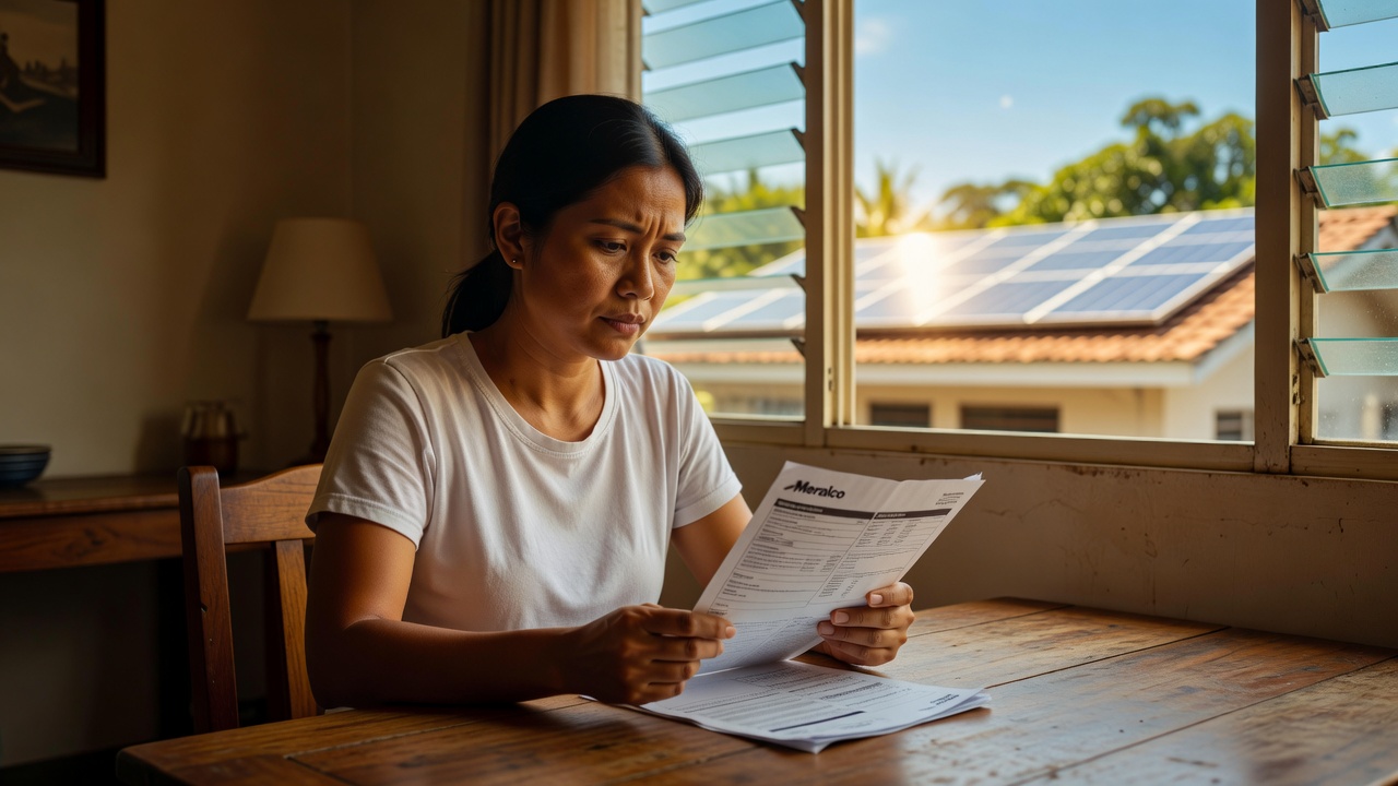 A Filipino homeowner — mid-30s, wearing a plain white shirt — sits at a wooden kitchen table in a modest but tidy Philip