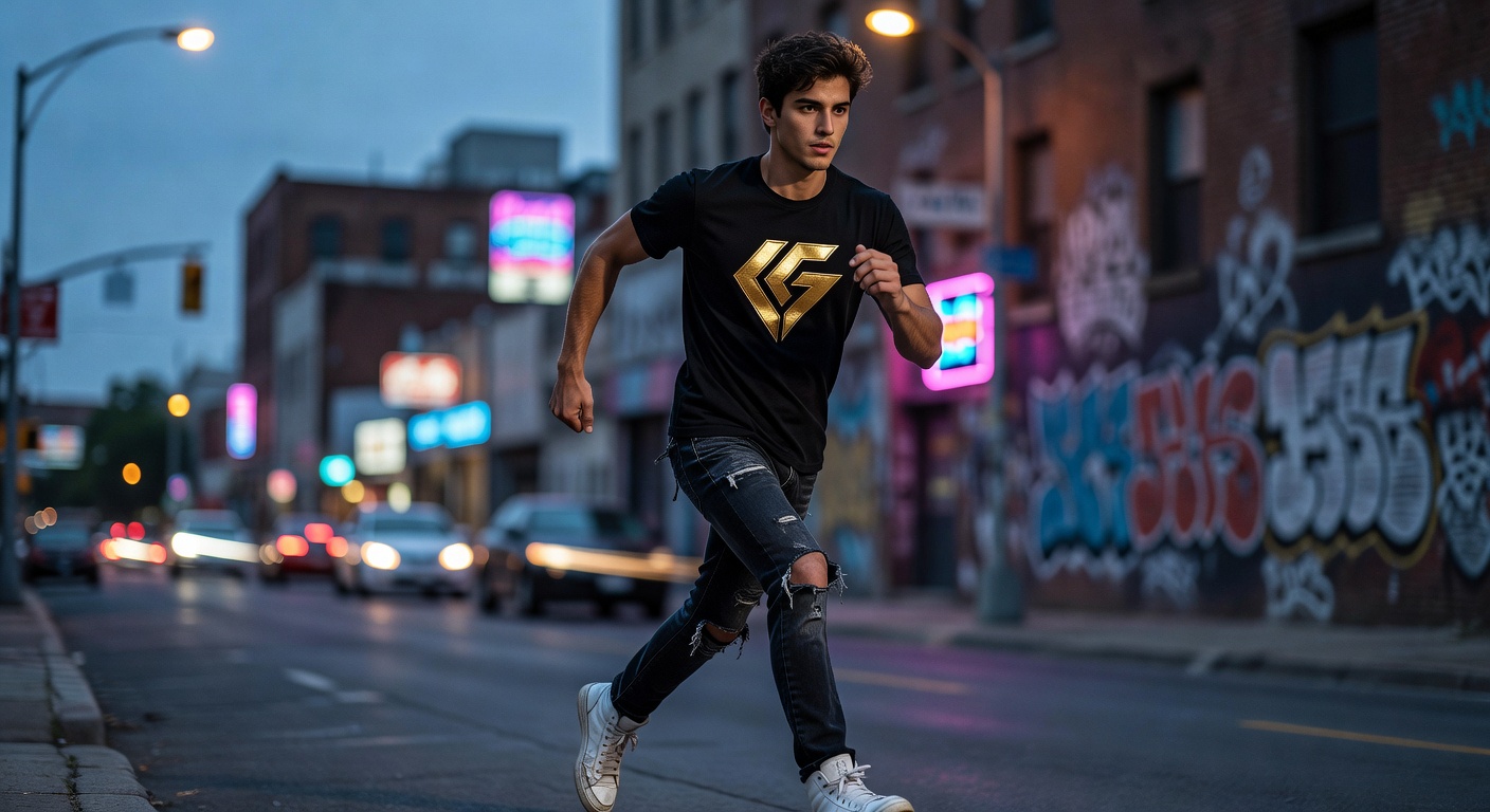 Young man in Gold Logo Black Tee paired with ripped jeans and sneakers, urban street background at d