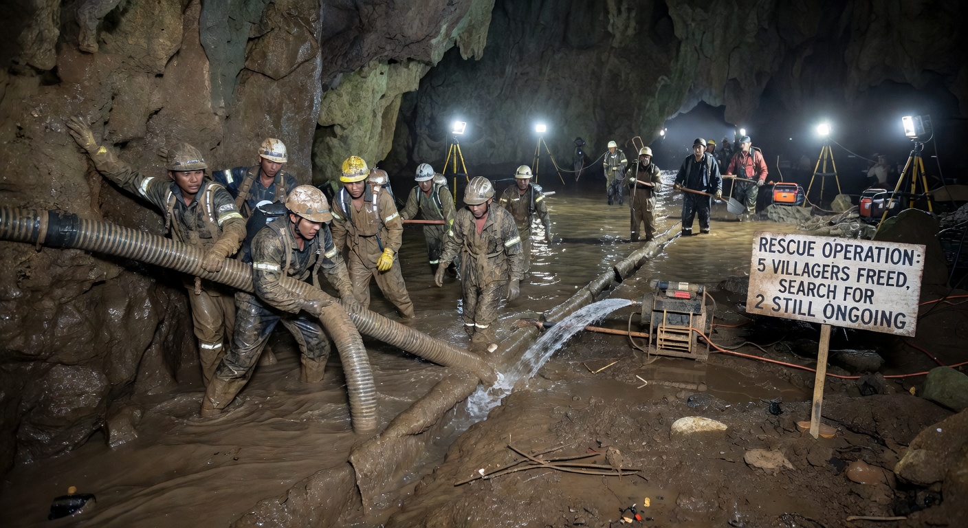 Rescuers work to drain flooded Laos cave to free 5 villagers and search for 2 still missing