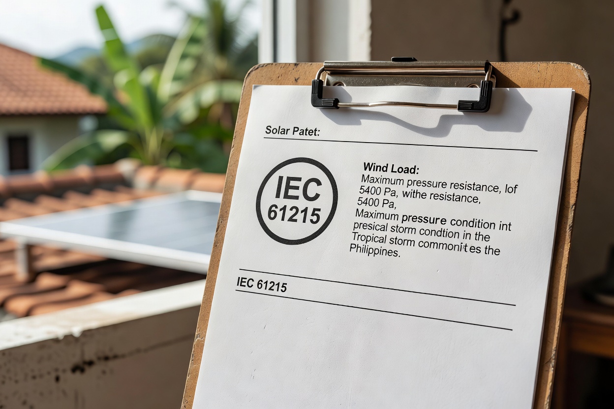 Close-up of a solar panel datasheet pinned to a clipboard, clearly showing an IEC 61215 certification stamp and wind loa