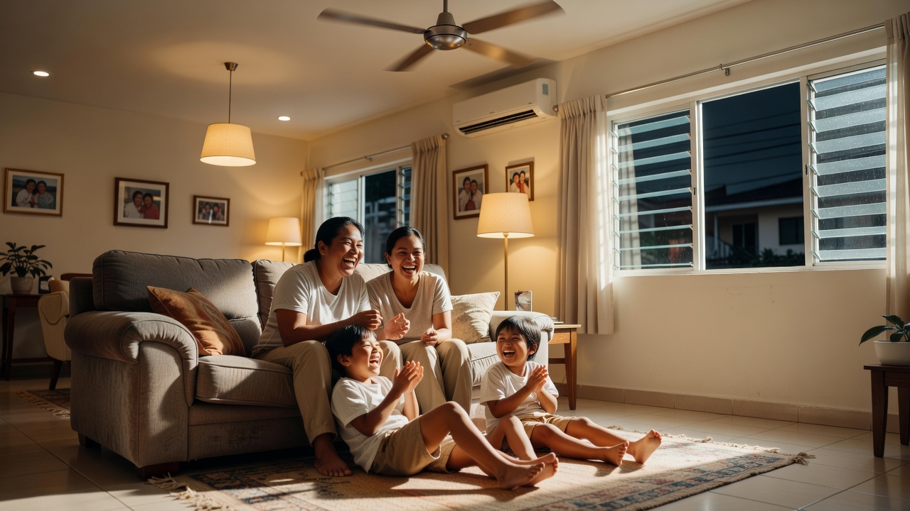 A Filipino family of four — two parents, two young children — laughing in a bright living room on a sunny afternoon, cei