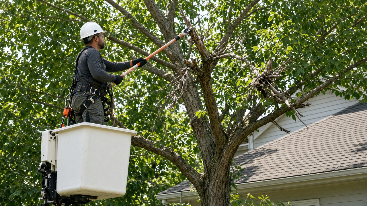 Arborist pruning limbs from a shade tree near a roof