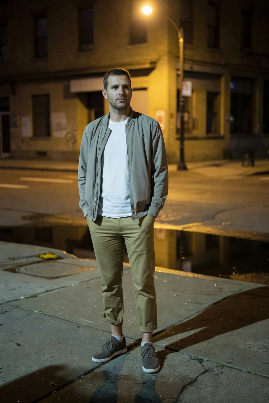 A man stands confidently on a dimly lit urban street at night, wearing a light beige bomber jacket open over a white t-shirt, slim khaki chinos cropped at the ankles, and gray sneakers, hands in pockets under a glowing streetlamp.