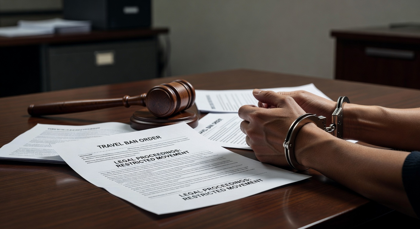 Legal documents and handcuffs representing travel ban