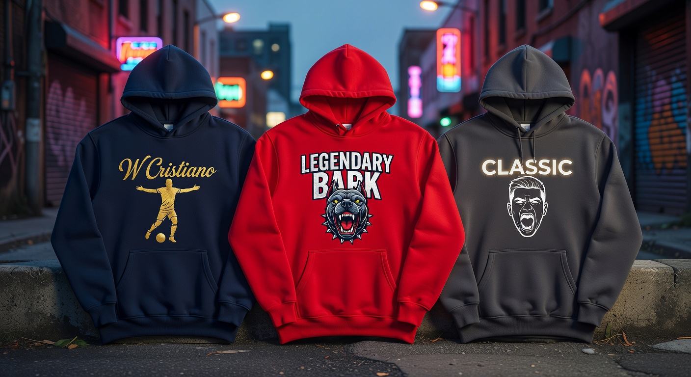 Three IShowSpeed hoodies laid out side-by-side on a urban street backdrop at dusk, Legendary Bark ce