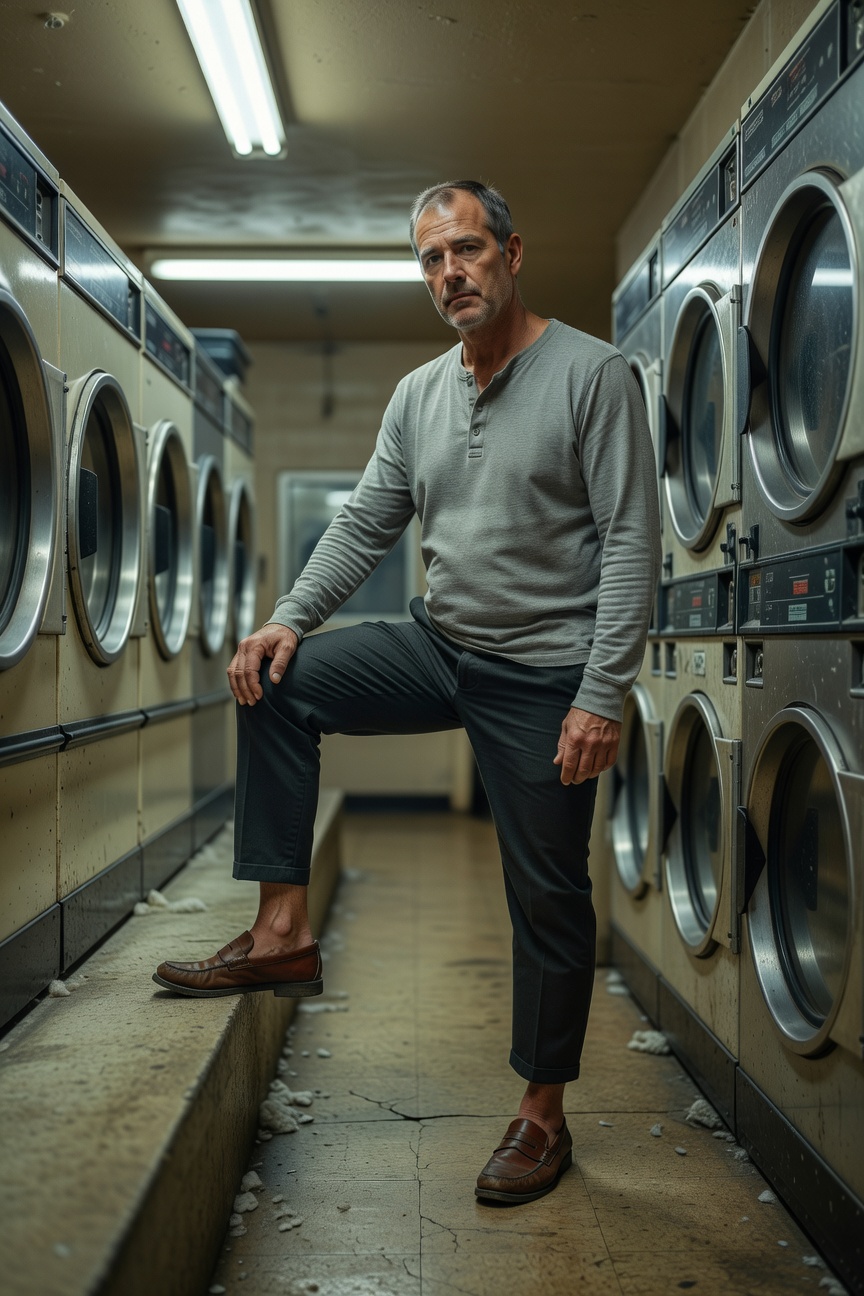 Henley and Ankle Trousers Crafting Crisp Lines Amid the Washers