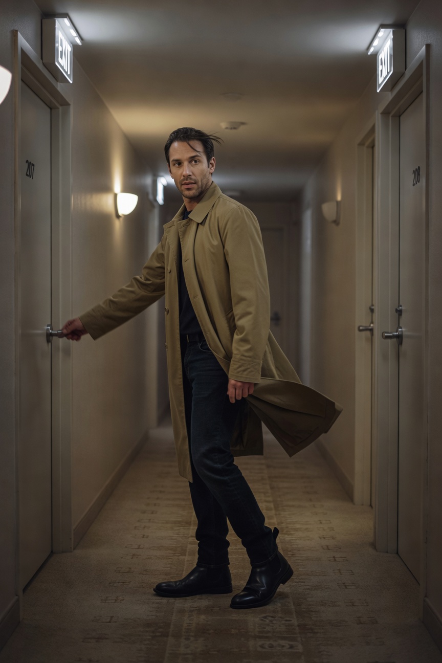 Handsome man with dark hair in open beige trench coat over dark shirt black slim pants and black boots striding purposefully down a warmly lit beige hotel corridor flanked by doors