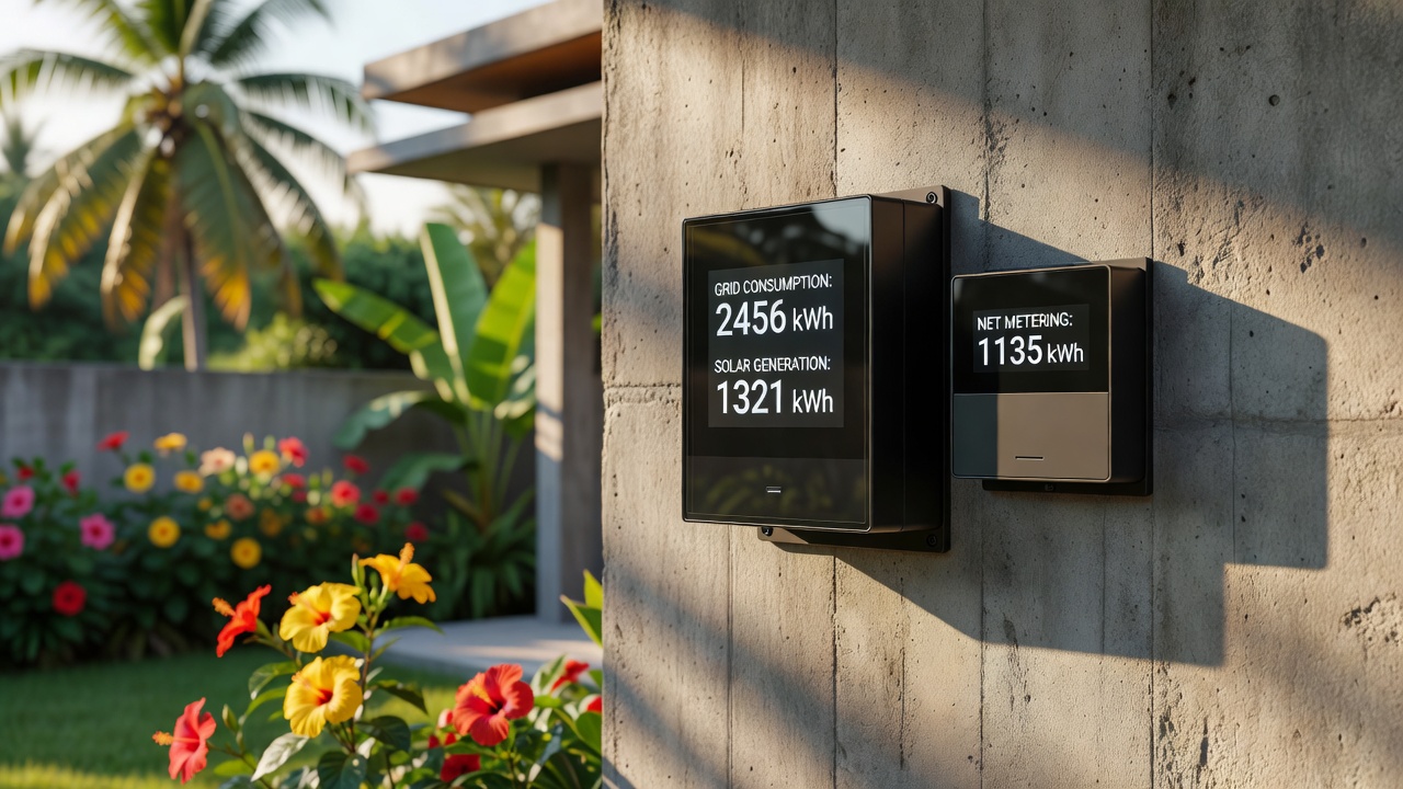 Close-up of a modern digital electricity meter mounted on a concrete exterior wall of a Philippine home, displaying both