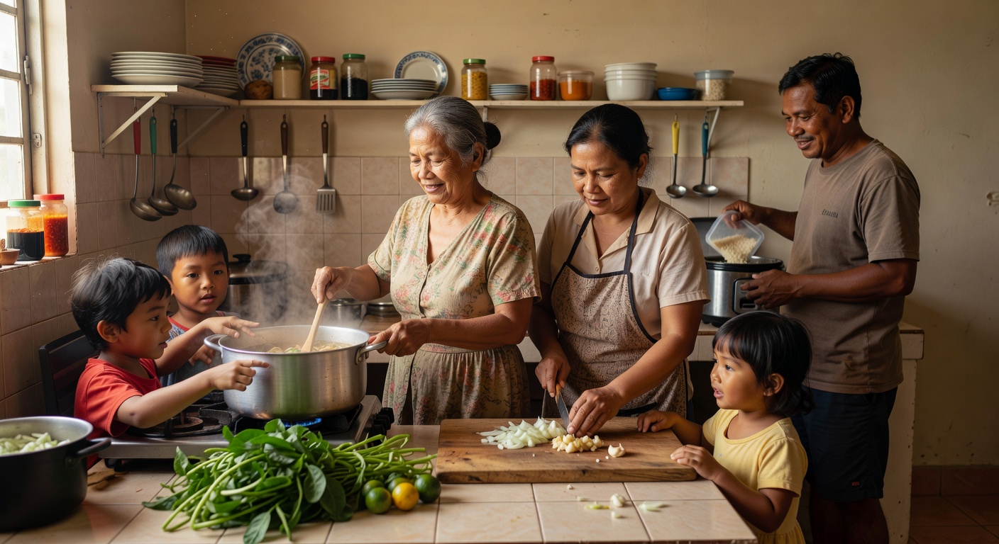 Filipino family cooking in their kitchen