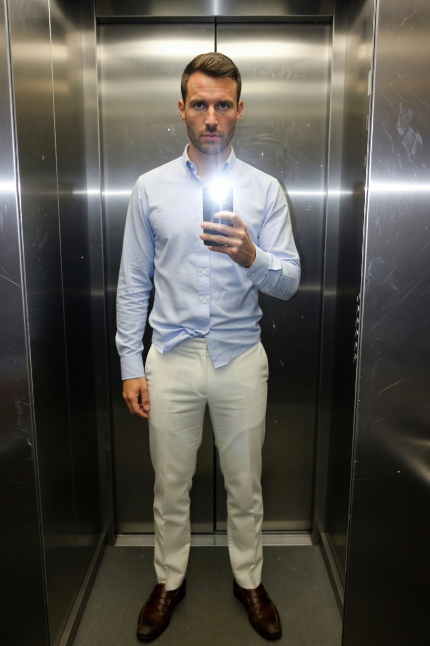 Man in light blue button-up shirt with rolled sleeves, cream trousers, and brown dress shoes, taking a mirror selfie in a modern elevator