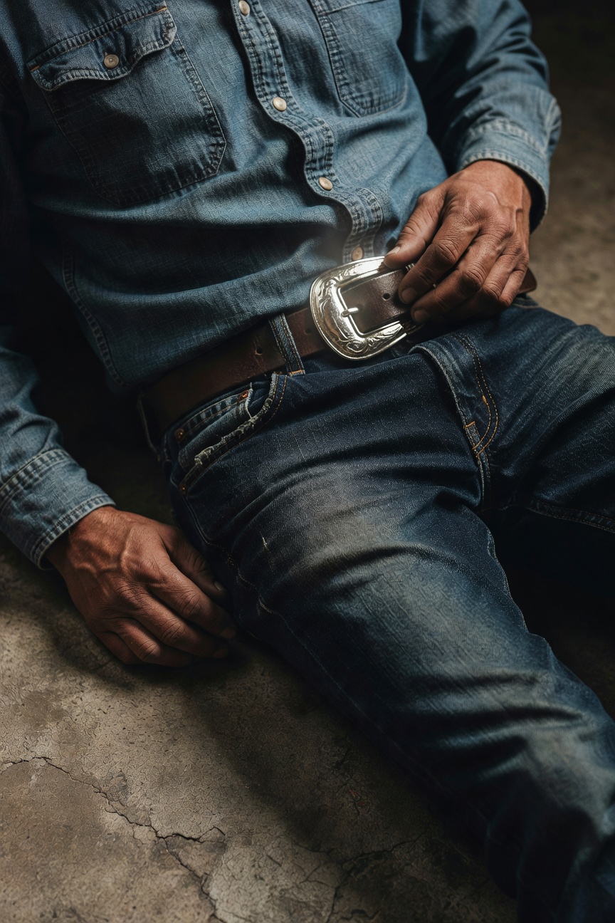 Man sitting on concrete floor in light blue chambray button-down shirt with rolled sleeves, dark faded jeans, and brown leather belt featuring large silver concho buckle, hands resting on belt and thigh