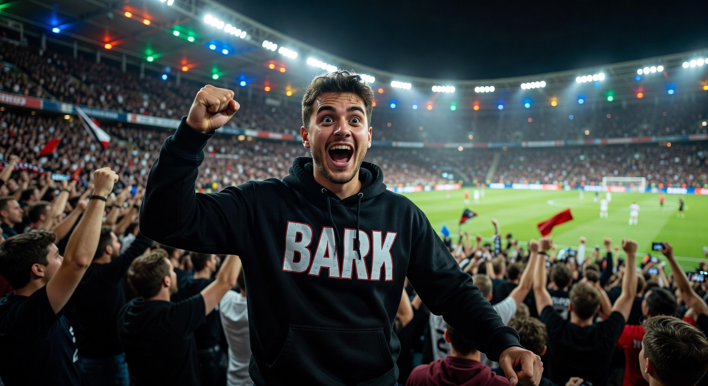 IShowSpeed hoodie with bold Bark print worn by fan in crowd at football match, dynamic action shot, 