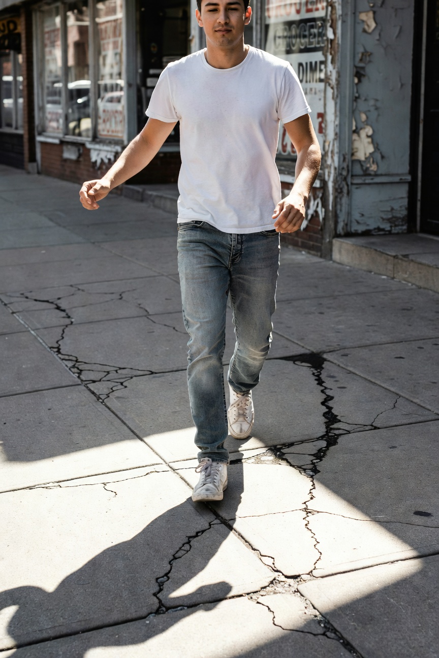 Young man with short dark hair walking confidently down a sunlit urban sidewalk with cracked pavement, wearing a fitted white cotton t-shirt, mid-wash straight-leg blue jeans, and white low-top sneakers, surrounded by weathered brick buildings and storefronts