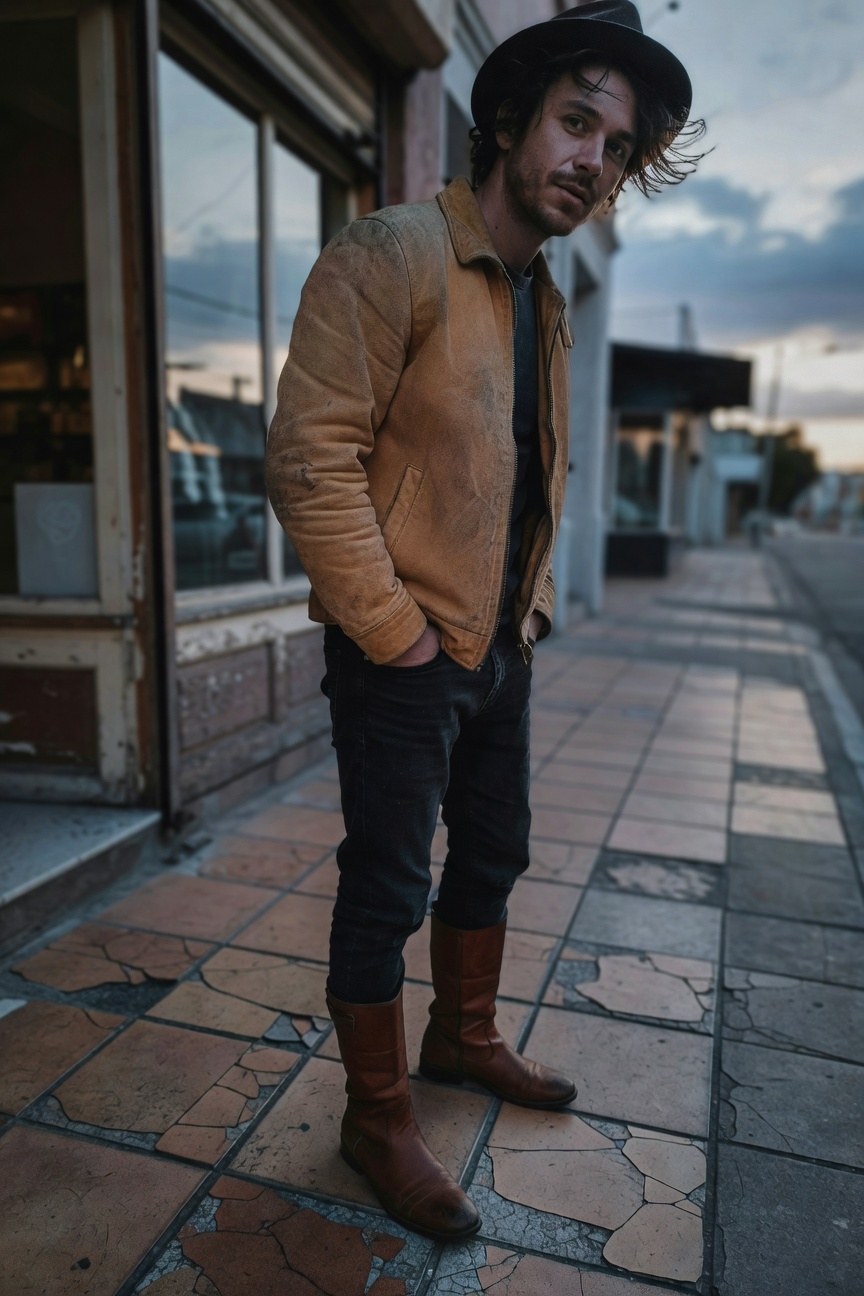 Man in tan suede jacket over black tee dark slim jeans tall brown boots and black hat standing casually outfit-focused view