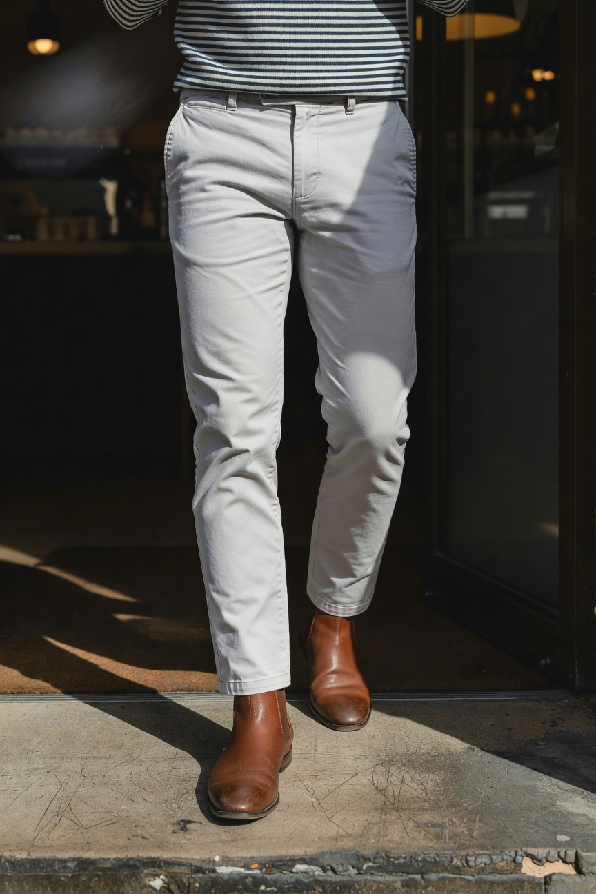 A man in a blue-and-white striped shirt, light gray slim ankle chinos, and brown leather Chelsea boots stands confidently at a sunlit cafe doorway, embodying smart casual polish.