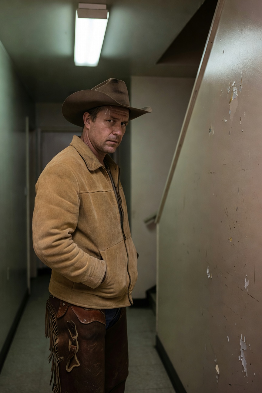 Man in tan cowboy hat, beige suede zip-up jacket, and brown fringed leather chaps standing in a dimly lit indoor hallway