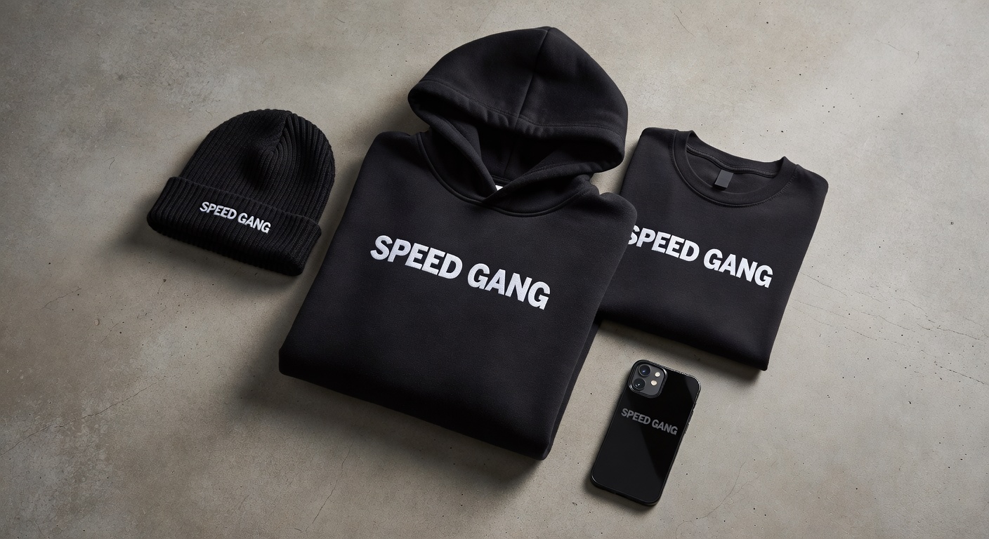 Flat lay product photography of Speed Gang hoodie, tee, beanie, and phone case arranged dynamically 