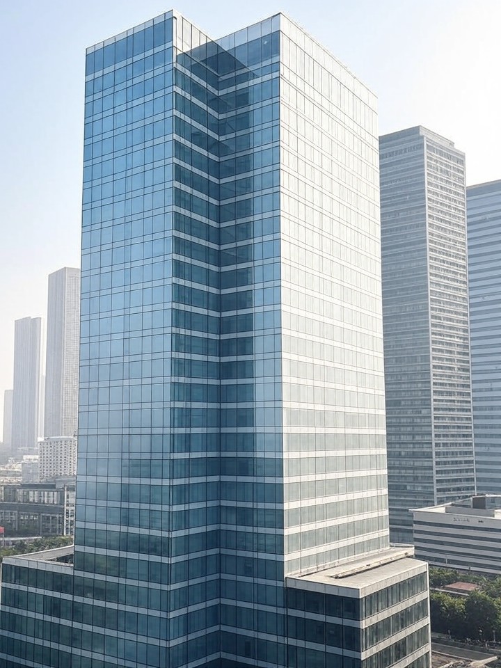 Modern high-rise BPO office building in Metro Manila with glass facade, busy urban skyline in background, daytime archit