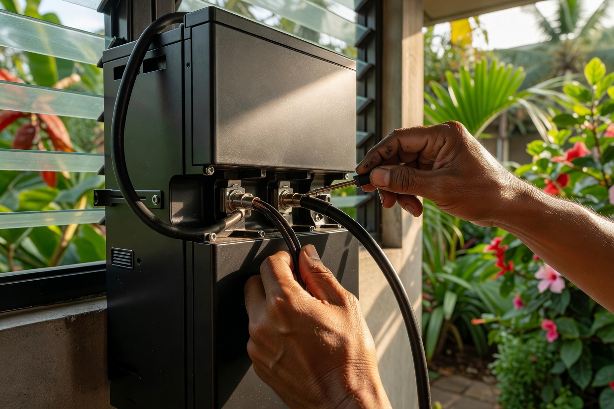 Editorial close-up of a Filipino electrician's hands securing cable terminals on a matte-black LiFePO4 wall-mount batter