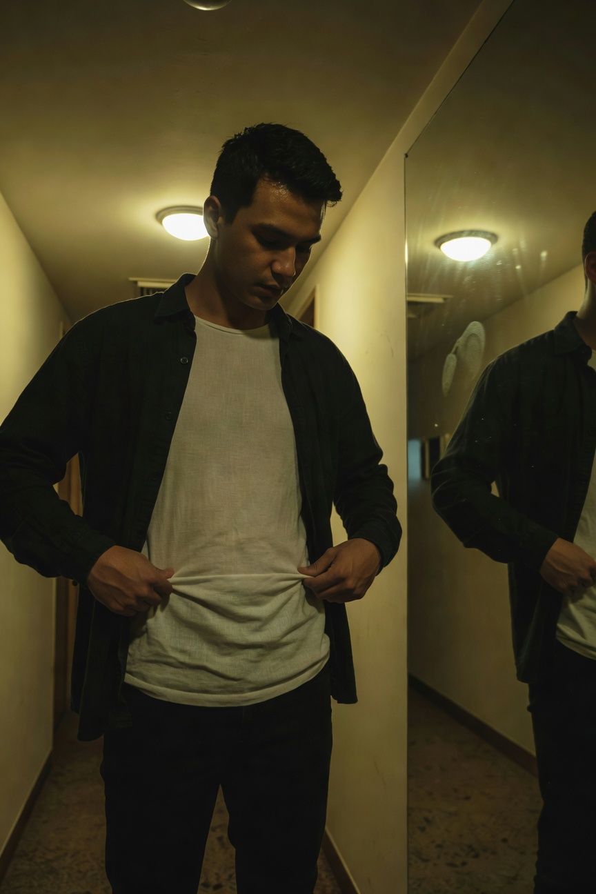 Tan-skinned man with short dark hair in dimly lit mirrored hallway, wearing open black button-up shirt over fitted white t-shirt and slim black pants, hands gripping and pulling shirt hem taut at waist, contemplative expression downward