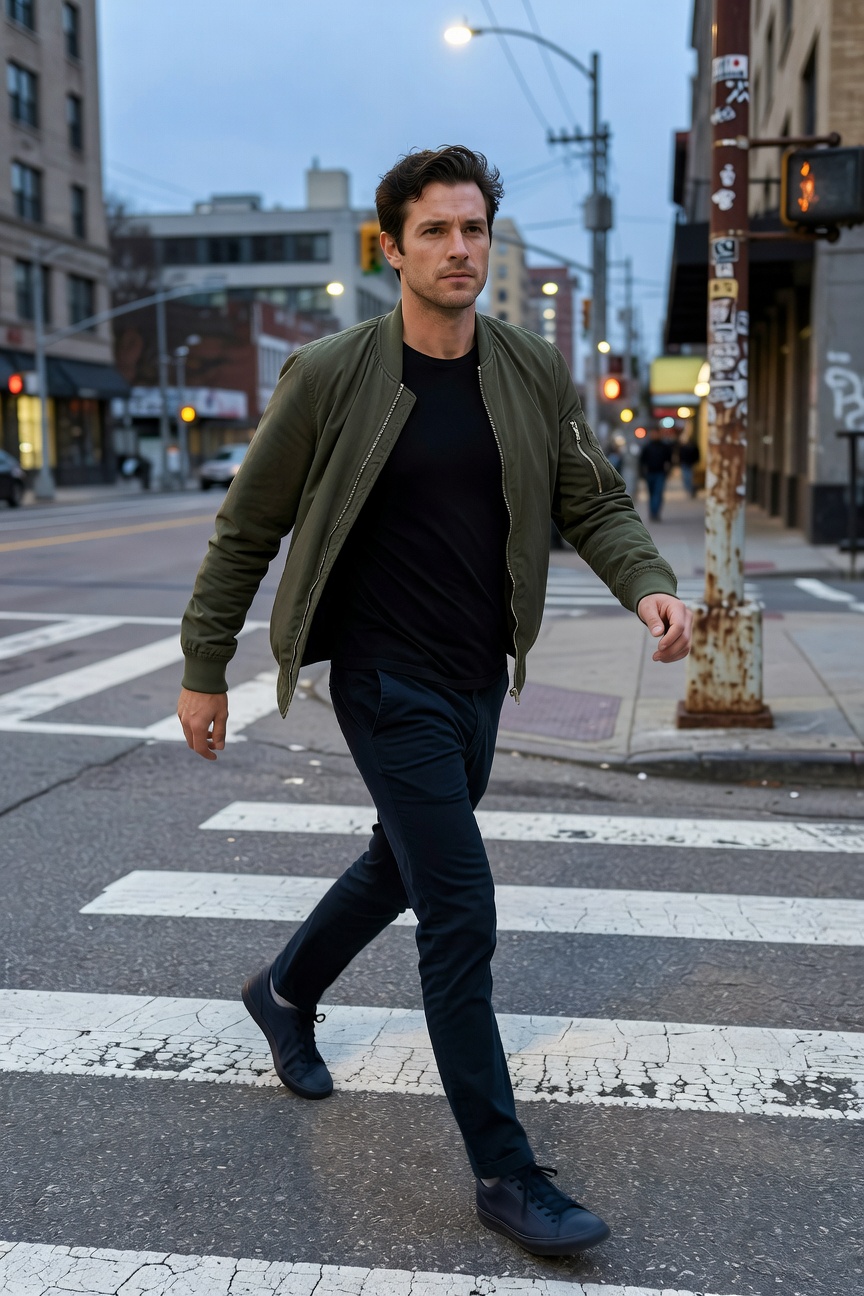 A man in an olive green bomber jacket, black t-shirt, slim black pants, and black sneakers strides across a crosswalk at dusk in a gritty urban street with brick buildings and streetlights.