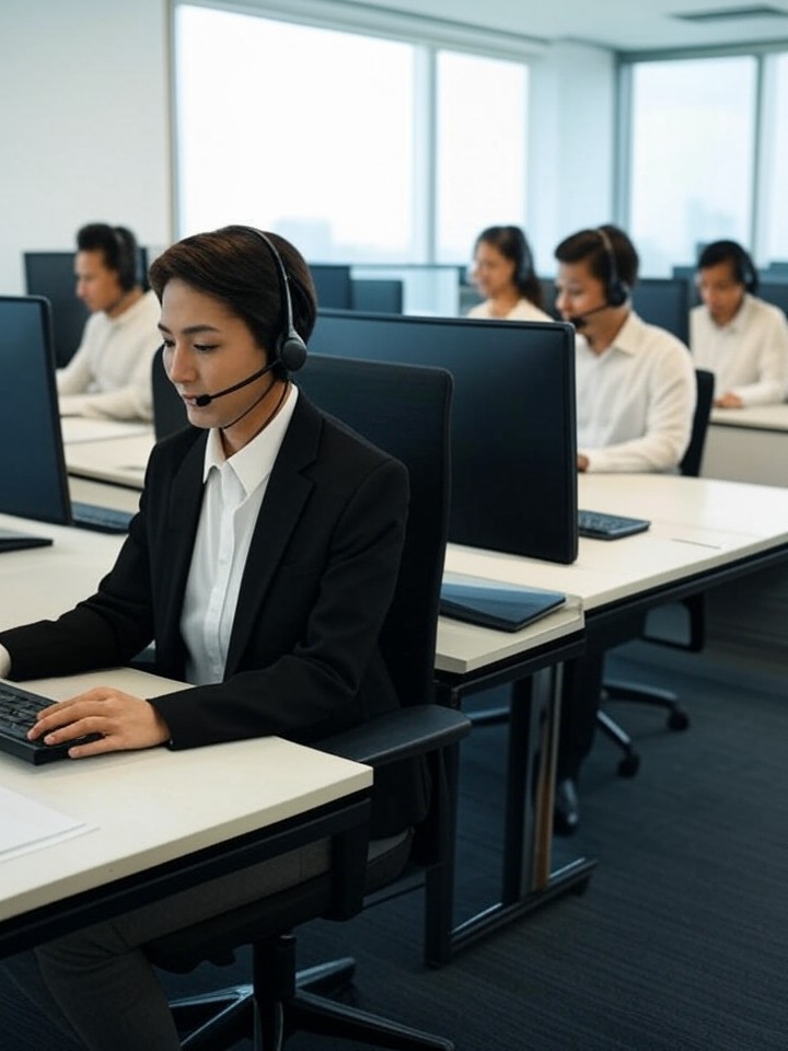 Modern BPO office in Manila showing Filipino customer service representatives at workstations with headsets and monitors
