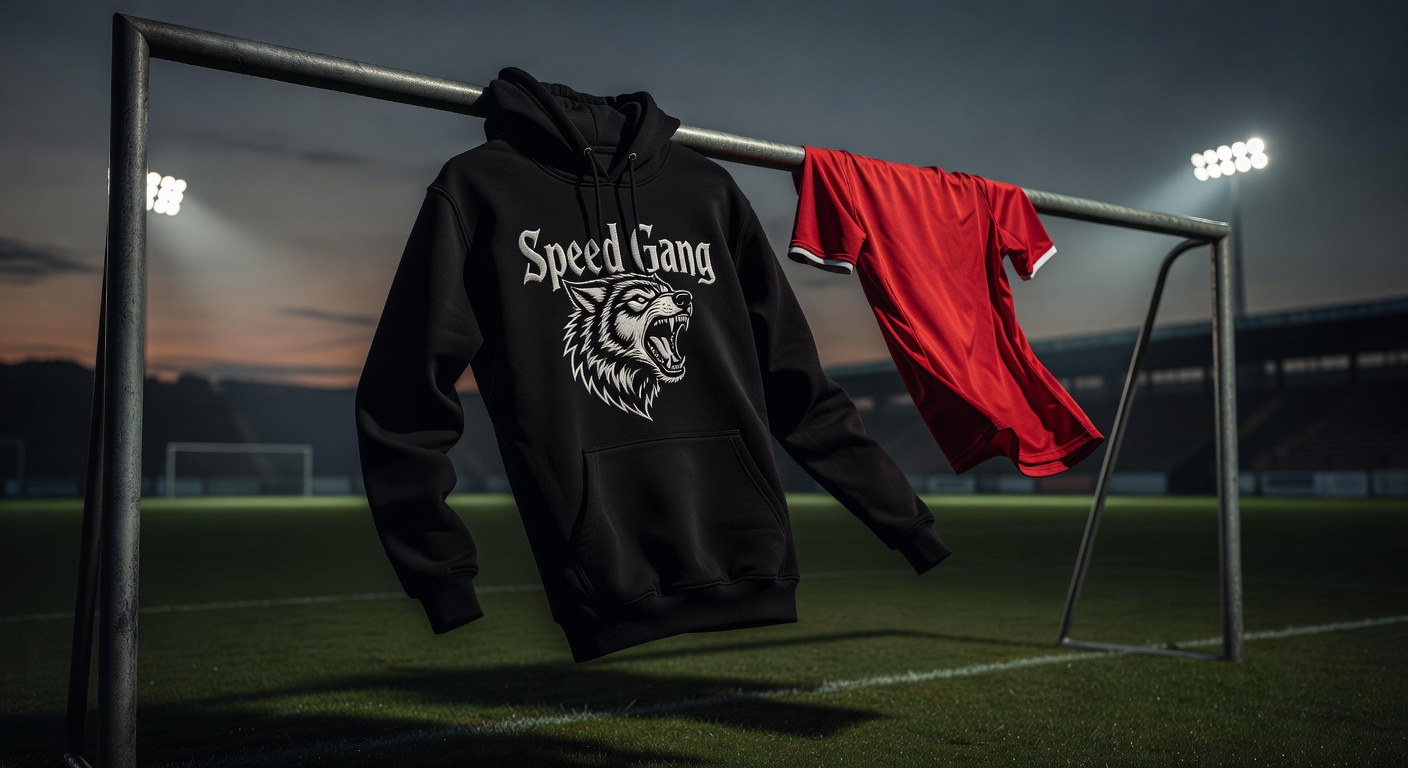 Professional editorial shot of a black Speed Gang hoodie and red Soccer Jersey draped over a soccer 