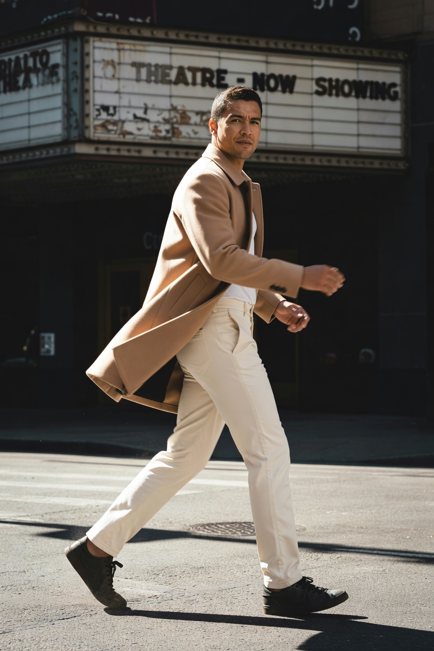 Handsome man in slim cream trousers, open camel overcoat over white shirt, and black shoes striding confidently past a lit-up theater marquee at dusk