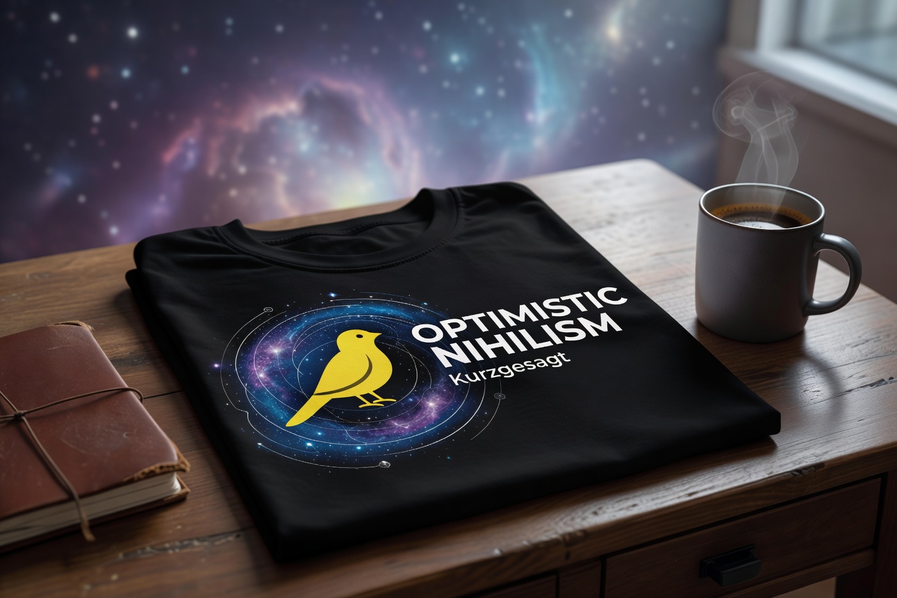 Close-up of Kurzgesagt Optimistic Nihilism shirt laid flat on a wooden desk next to a notebook and c