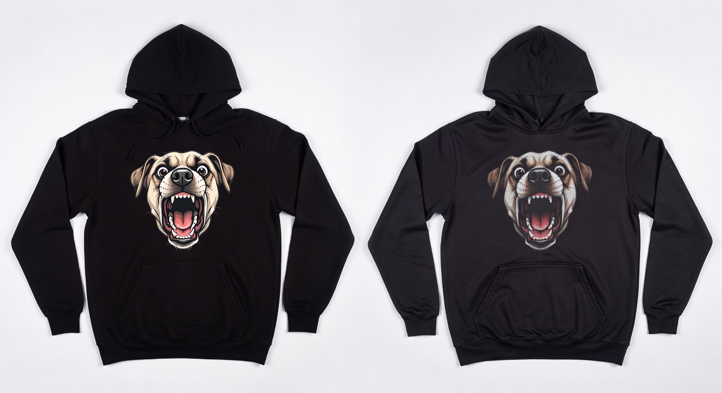 Side-by-side comparison of authentic IShowSpeed barking dog hoodie and fake version, professional ed