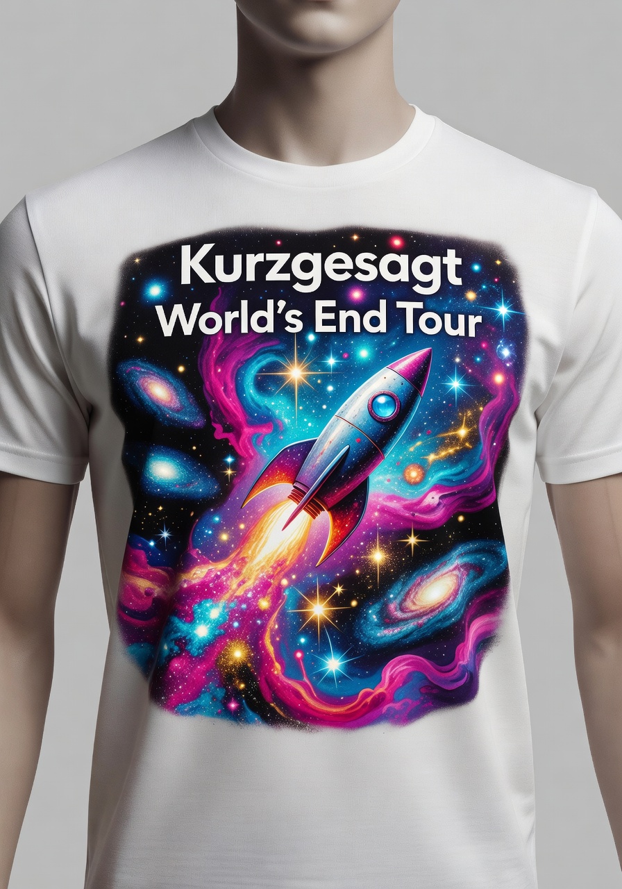 Close-up of Kurzgesagt World's End Tour Shirt on a mannequin, showcasing the colorful cosmic rocket 