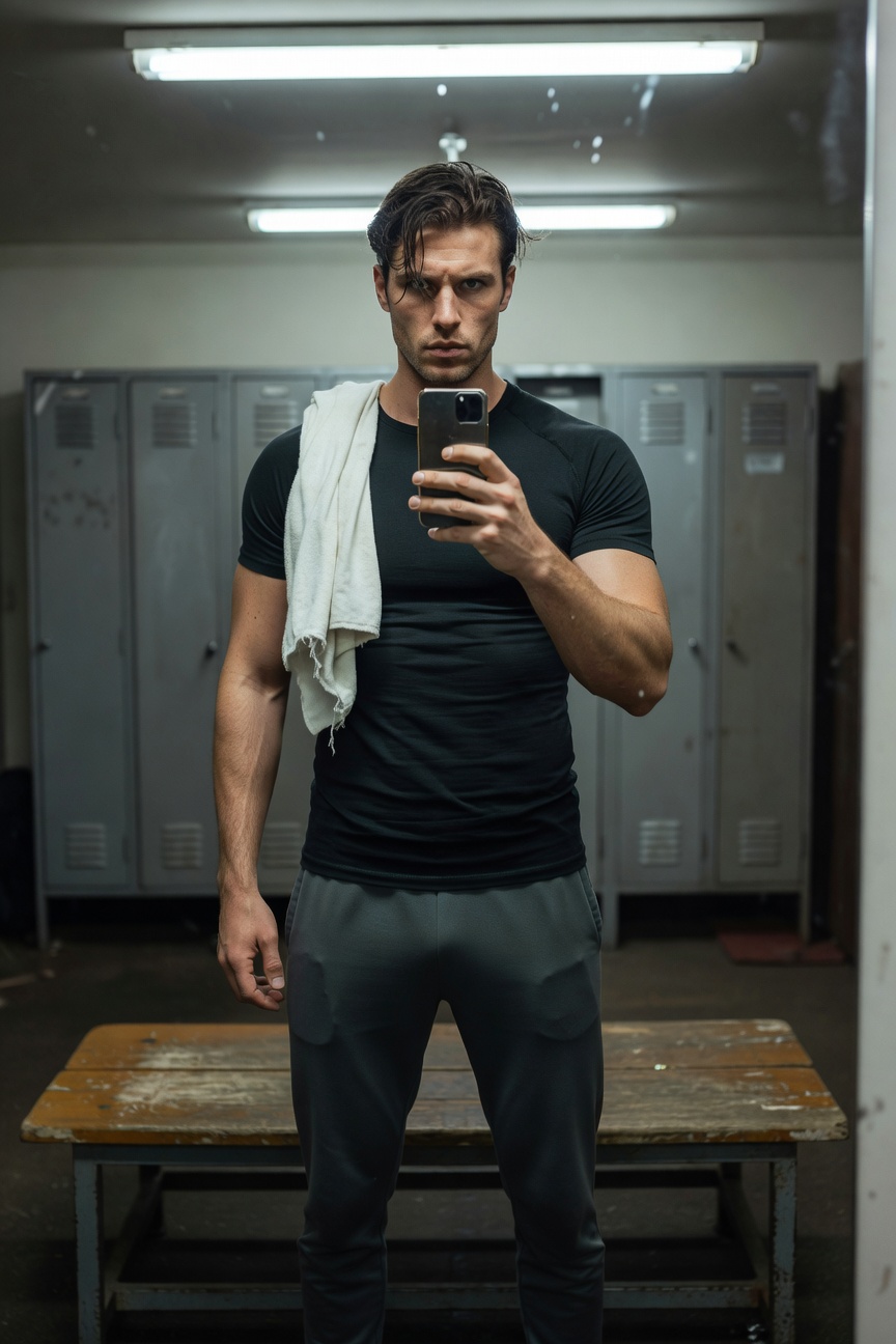 Muscular man in black fitted short-sleeve tee and grey tapered joggers stands confidently in dimly lit gym locker room taking selfie with white towel over shoulder muscular arms visible against metal lockers and wooden bench