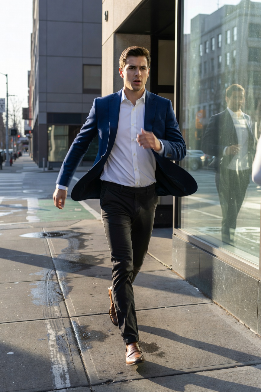 A young man in a tailored navy blue blazer over a white button-down shirt, black slim trousers, and tan leather loafers, striding purposefully on a rain-slicked urban sidewalk lined with glass-fronted buildings.
