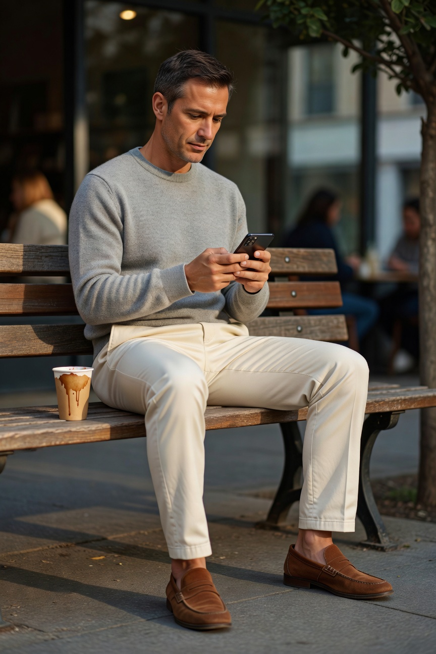 Handsome man in his 40s sits on a wooden park bench outside a cafe, wearing a light grey crewneck sweater, tailored cream trousers, brown suede loafers, holding a smartphone and a to-go coffee cup with a plant milk topper nearby