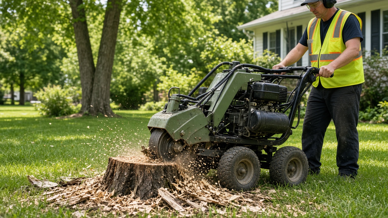Stump grinder finishing a stump in a residential yard