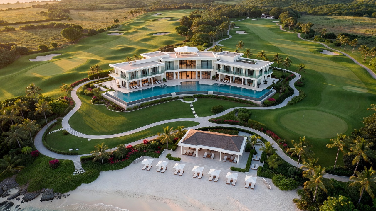 Aerial editorial photograph of a luxury resort property with golf course, beach club and main building connected by wind