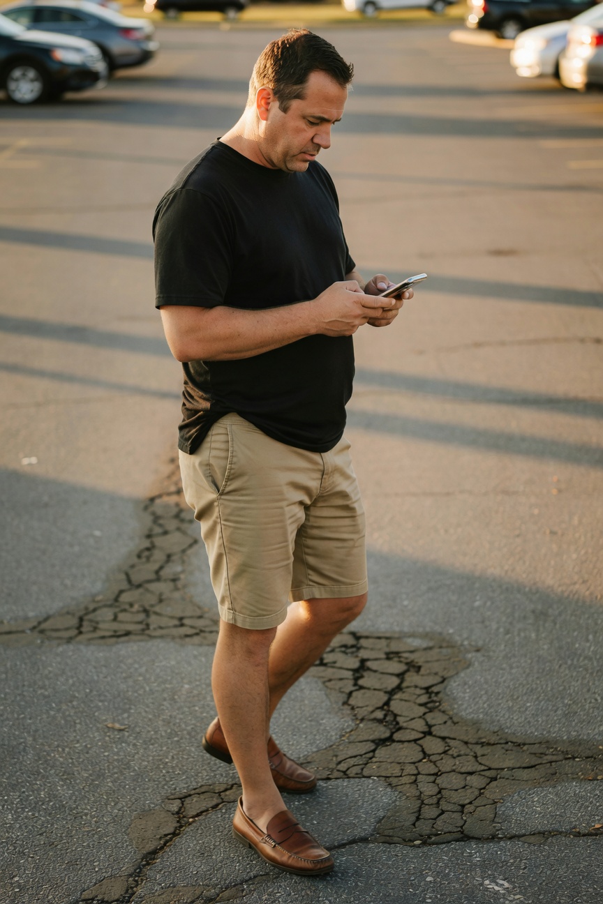 Mid-30s man in oversized black cotton t-shirt, light khaki chino shorts, and tan leather loafers stands casually in cracked asphalt parking lot at golden hour, checking his phone with cars blurred in background
