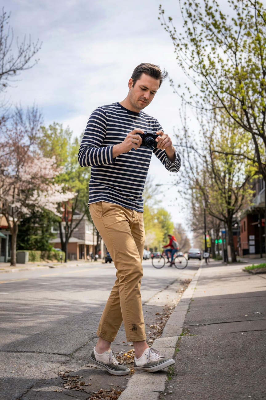 Man walking on tree-lined urban street in navy-white striped long-sleeve shirt, beige ankle-length chinos, white sneakers, holding compact camera, casual tailored spring outfit.