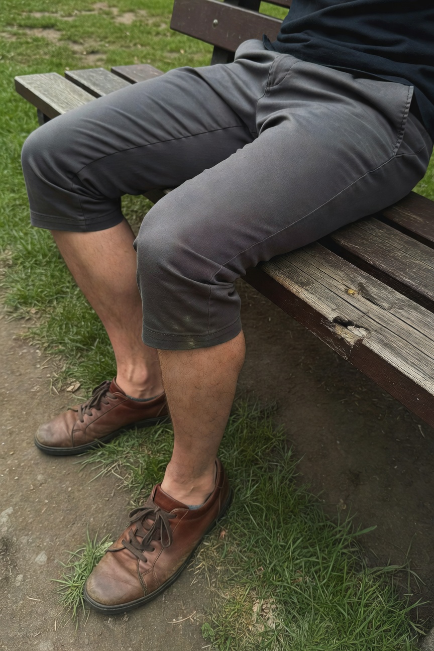 A man sits on a wooden park bench wearing a black t-shirt, light gray cropped chinos ending mid-calf, and brown leather sneakers, with grassy path and trees in the background