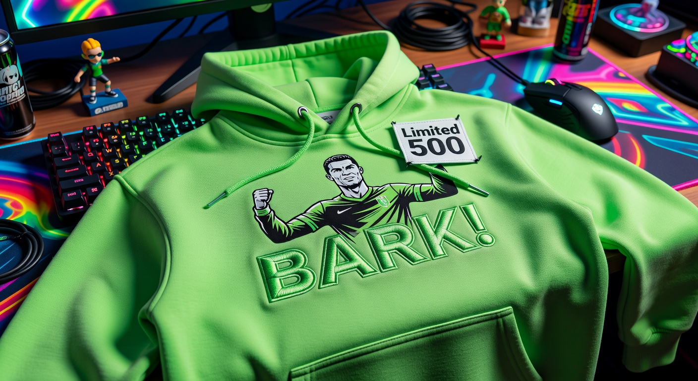 Close-up of a limited edition IShowSpeed BARK! hoodie in neon green with Ronaldo graphics, laid out 