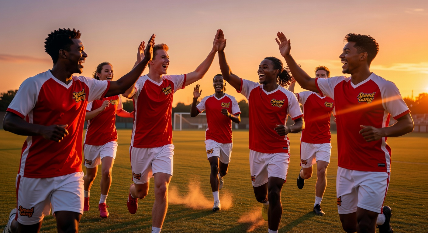 Dynamic lifestyle shot of a group of young fans in official IShowSpeed FC jerseys high-fiving on a s