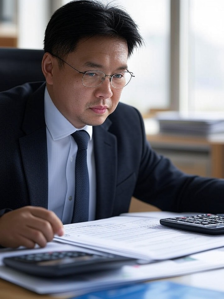 Close-up of Filipino accountant working on laptop with financial documents and calculator on desk, professional office s