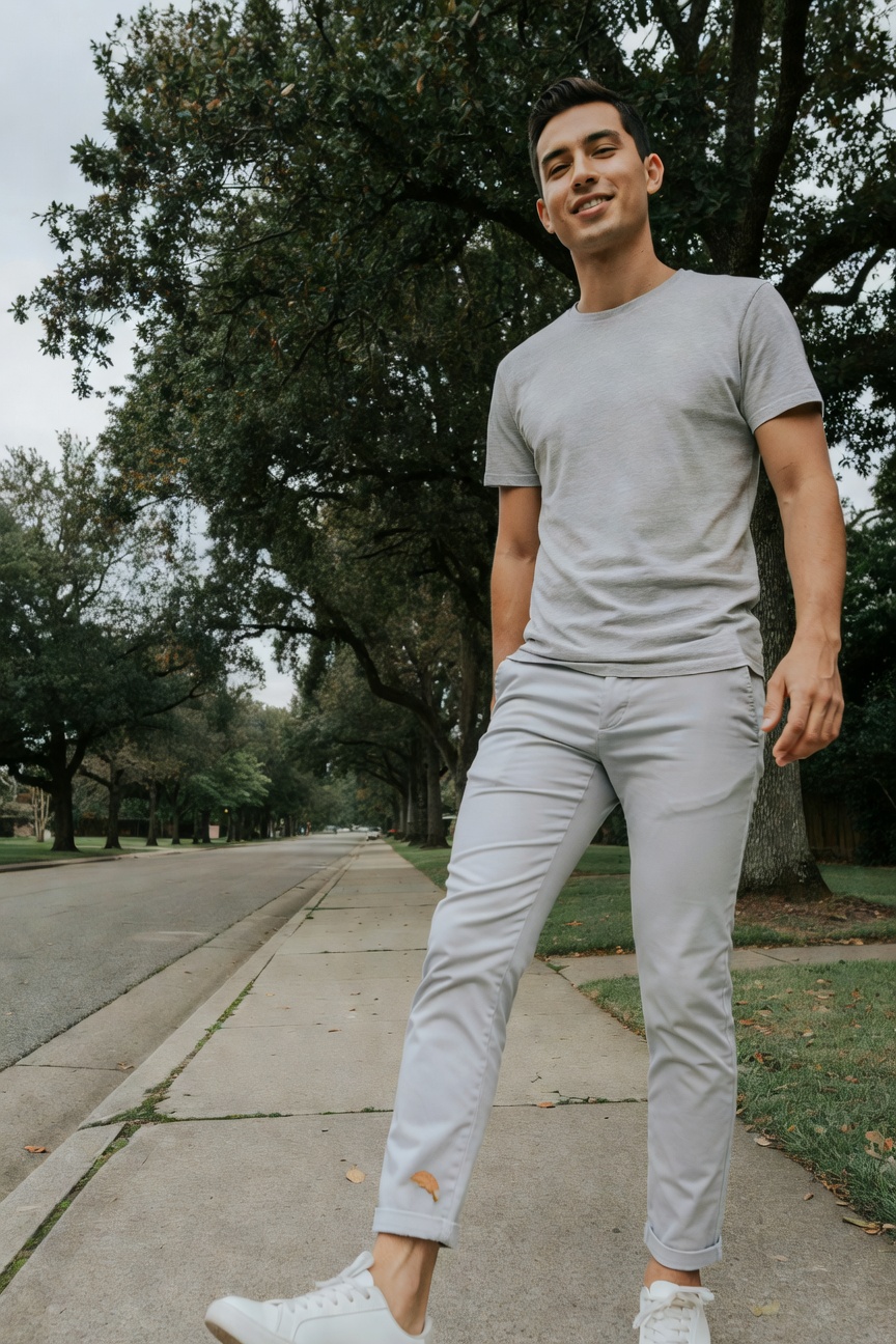 Smiling man with dark hair in light gray short-sleeve t-shirt, slim light gray ankle pants with orange crocodile embroidery at hem, white sneakers, posing casually on tree-lined urban sidewalk