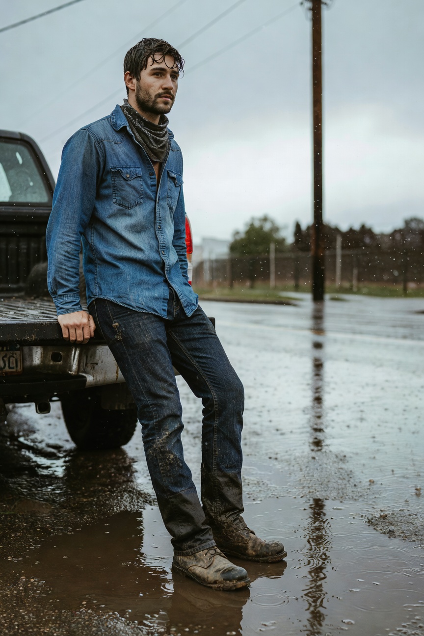 Man in open blue chambray shirt with denim neck gaiter, dark jeans, and tan boots leaning against truck bed