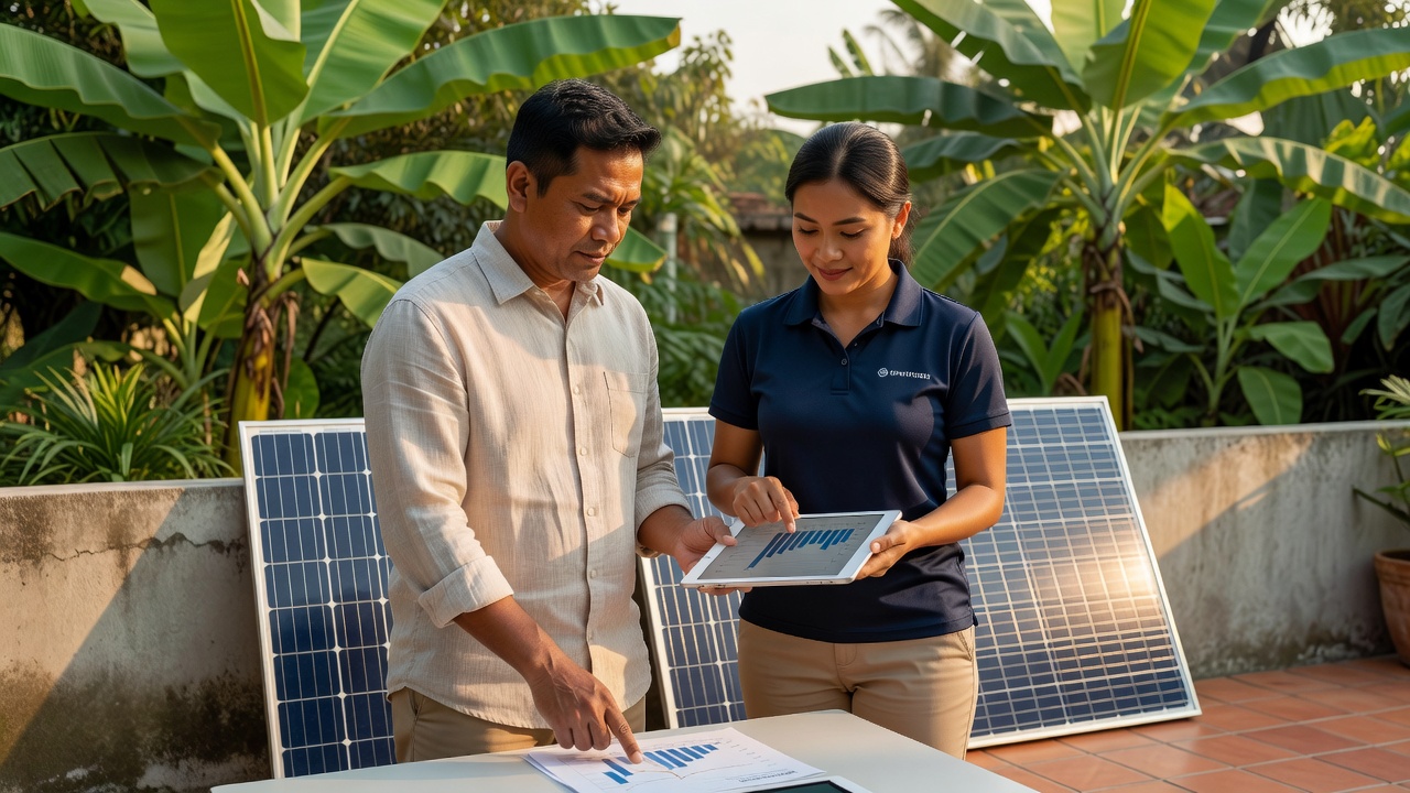 Filipino homeowner and solar consultant standing side by side on a sunlit patio, both leaning over a tablet showing effi