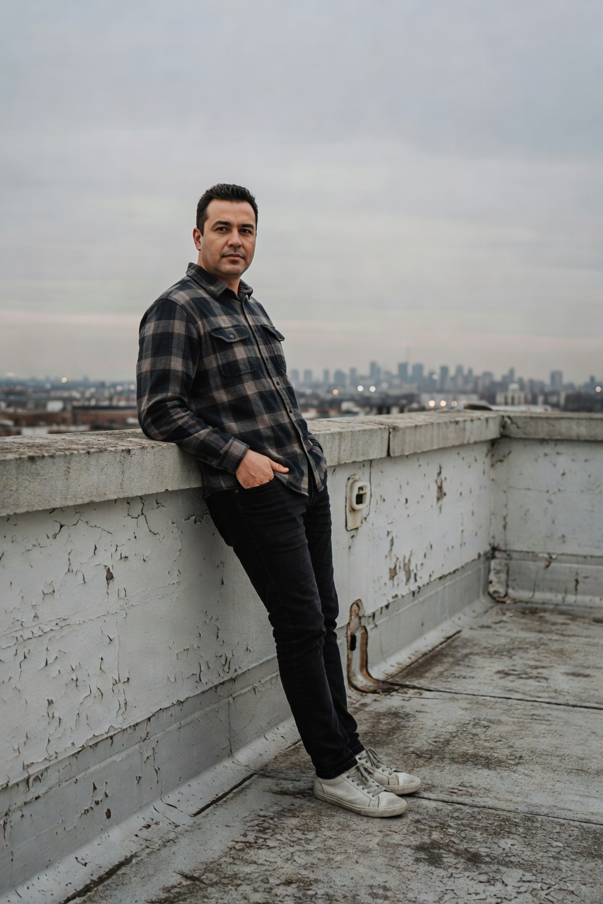 Man in dark plaid flannel shirt, slim black jeans, and white sneakers leaning casually on a weathered rooftop ledge with gray city skyline in the background