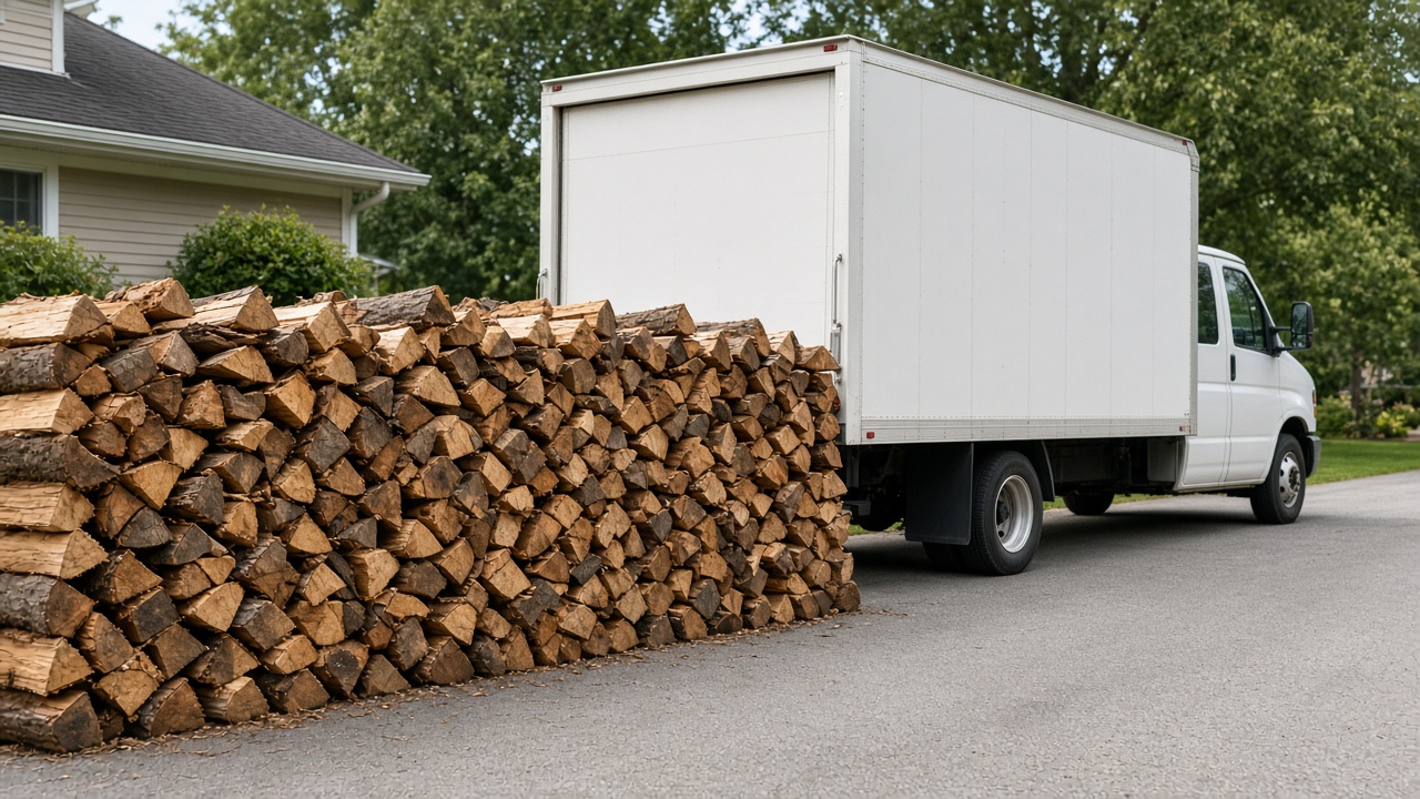 Stacked split hardwood firewood ready for local delivery