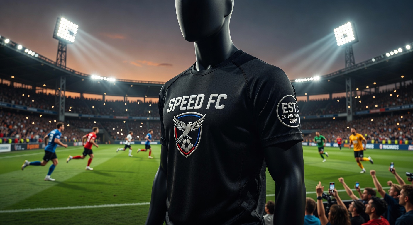 Speed FC EST. Tee displayed on a mannequin in a dynamic football stadium setting at dusk, stadium li