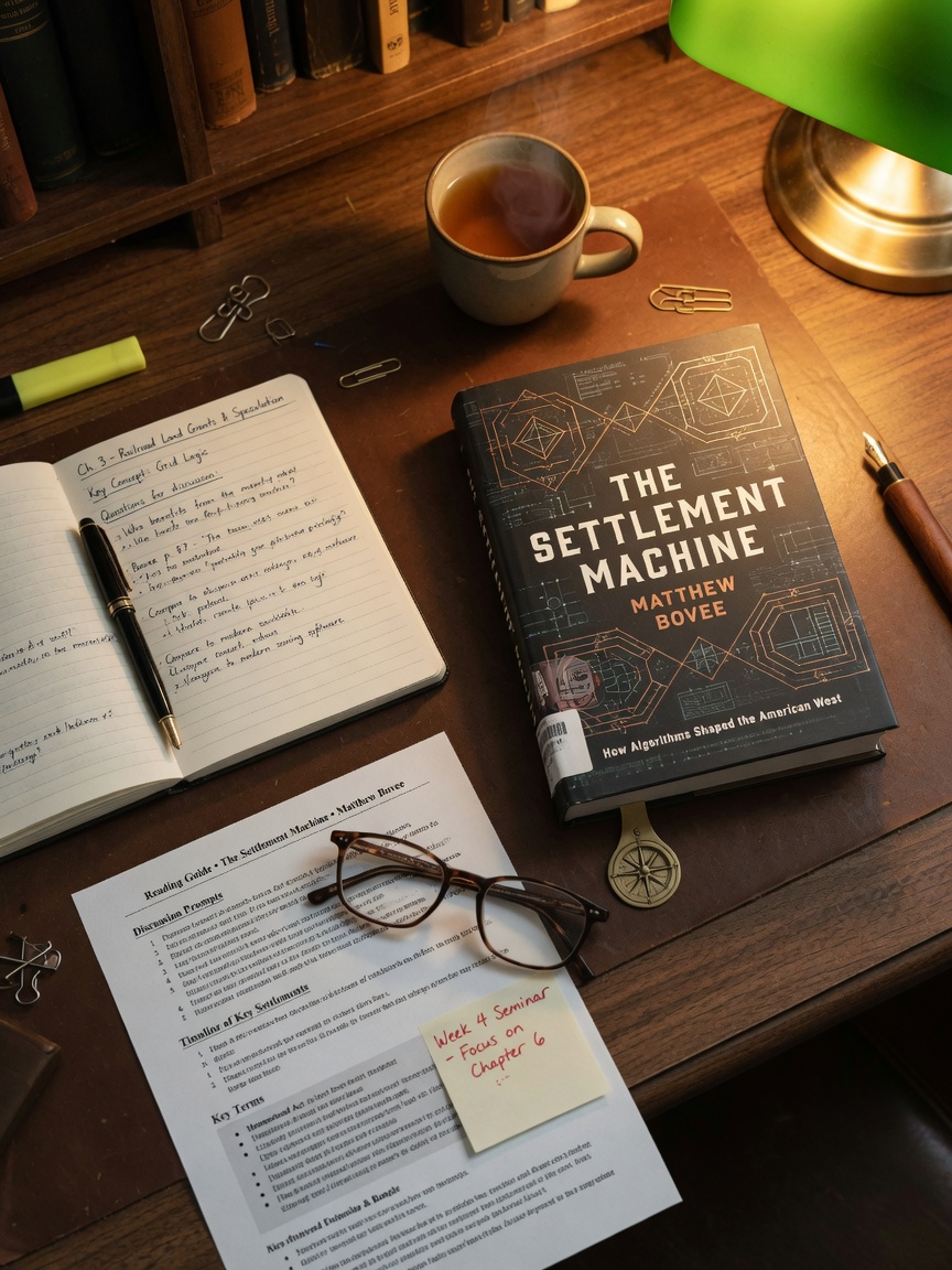 The Settlement Machine reading guide with book, notebook, and reading glasses on wooden desk